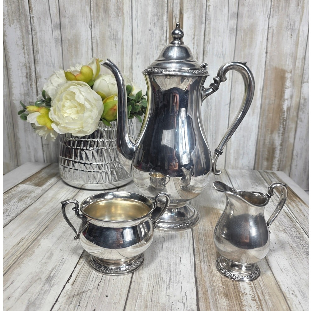 Vintage Silver Plated Coffee Pot Sugar Bowl and Creamer Set Floral Trim 3 Piece - Picture 3 of 16